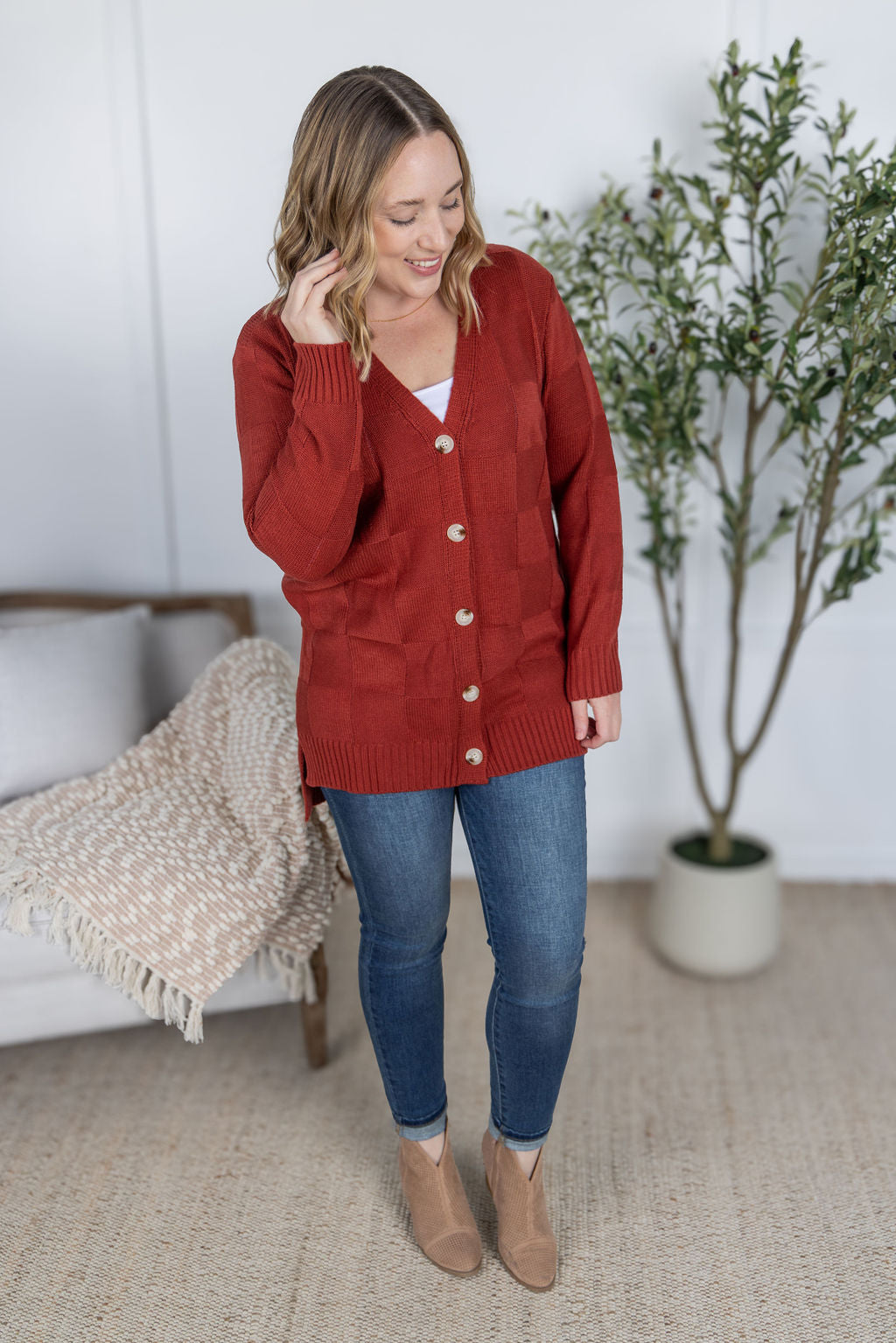 PREBOOK Chelsea Checkered Cardigan - Brick