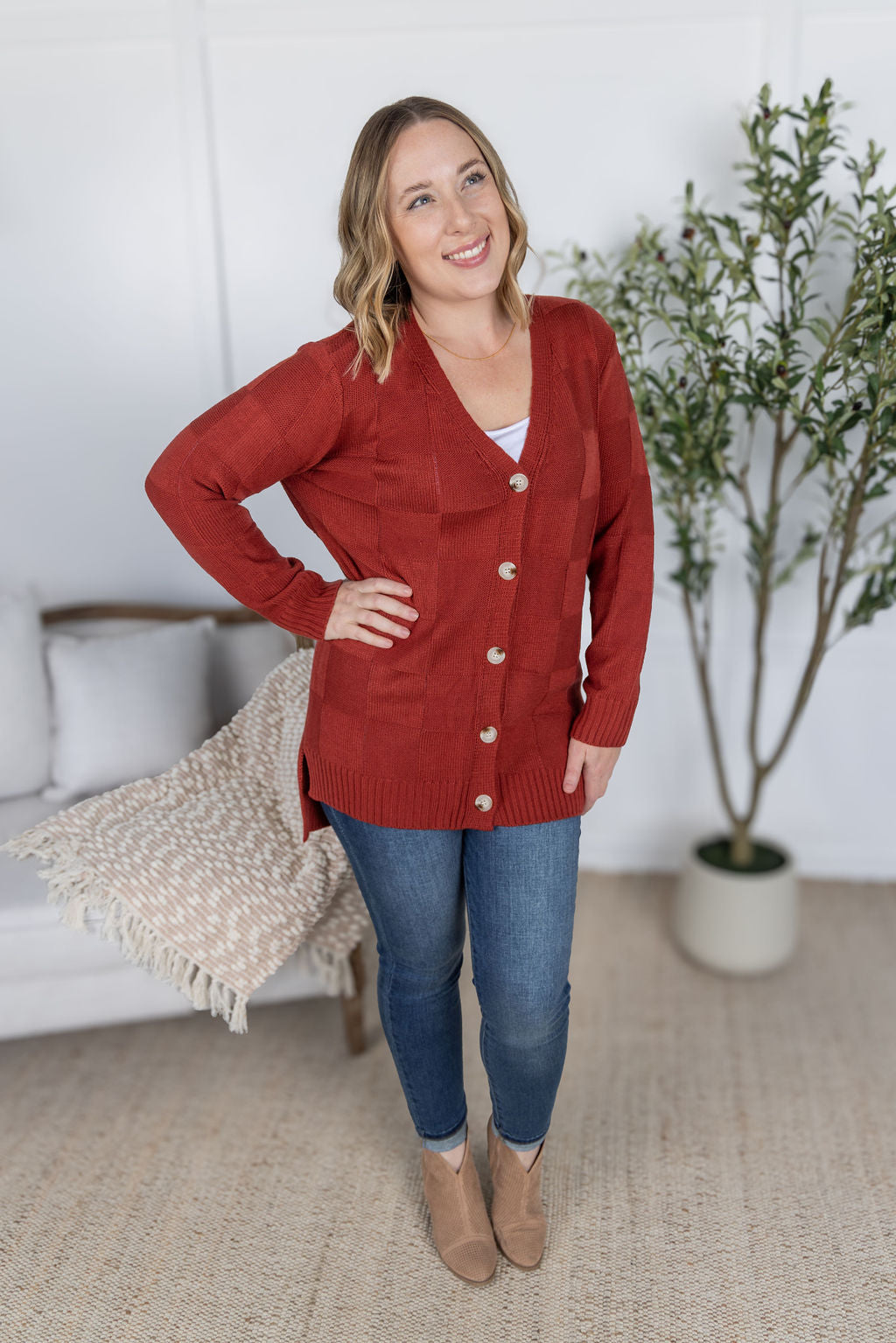 PREBOOK Chelsea Checkered Cardigan - Brick