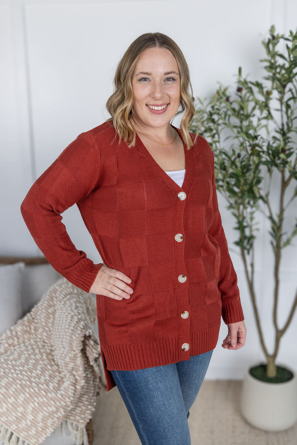 PREBOOK Chelsea Checkered Cardigan - Brick