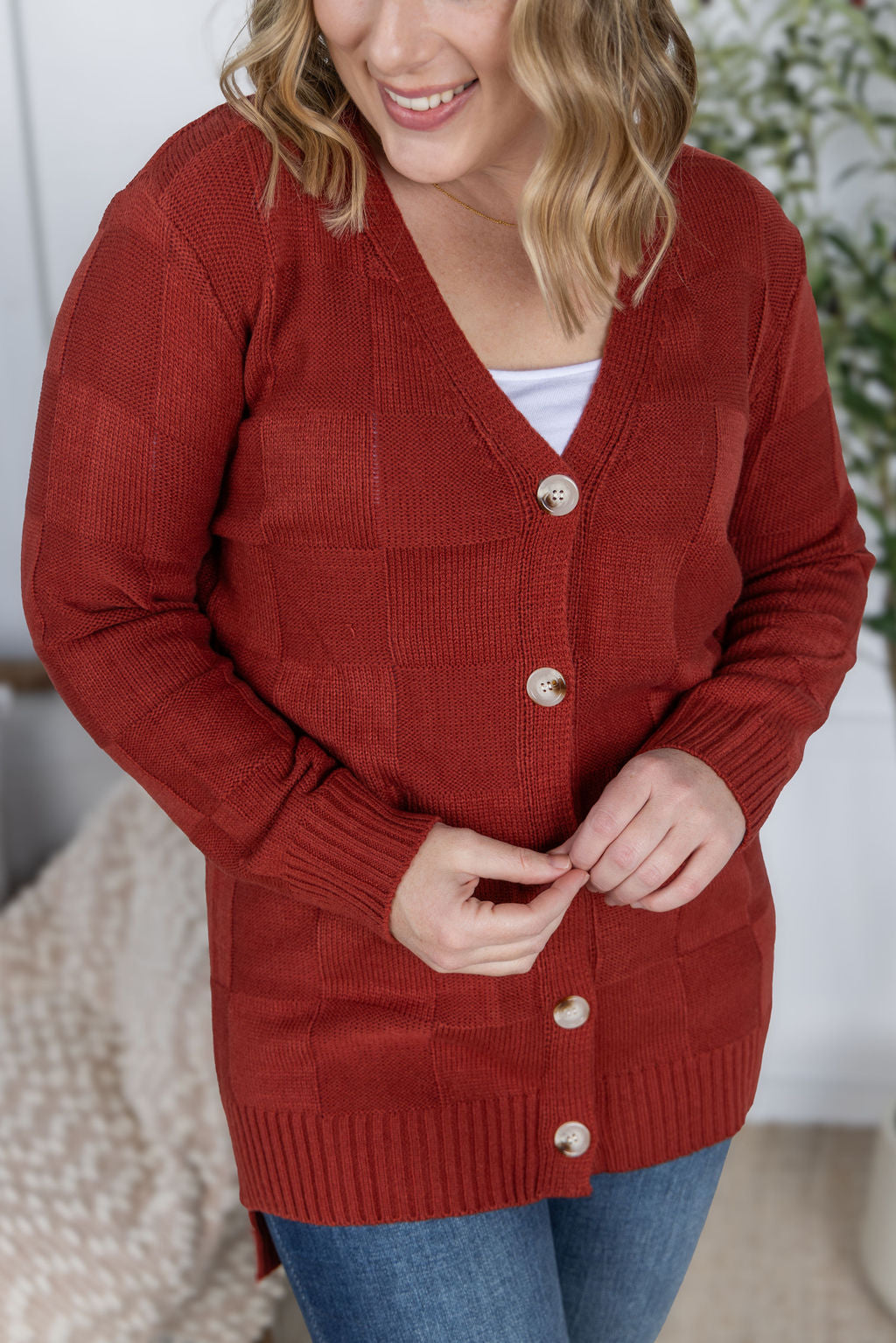 PREBOOK Chelsea Checkered Cardigan - Brick
