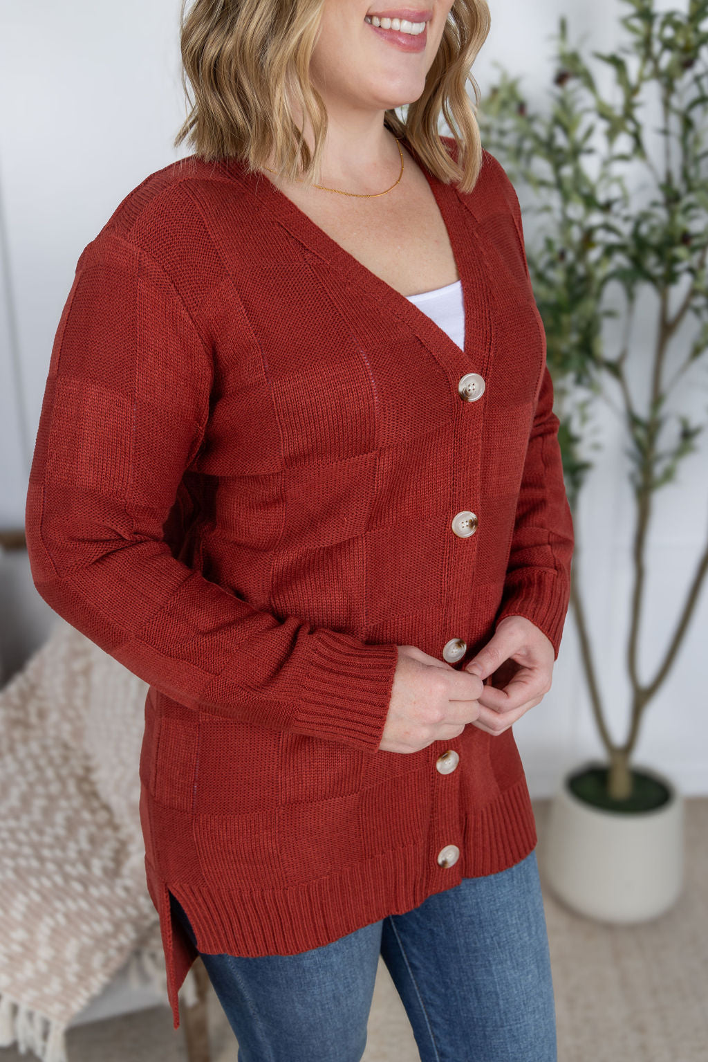 PREBOOK Chelsea Checkered Cardigan - Brick