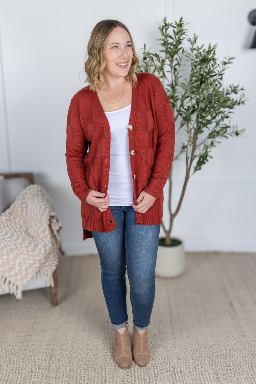 PREBOOK Chelsea Checkered Cardigan - Brick