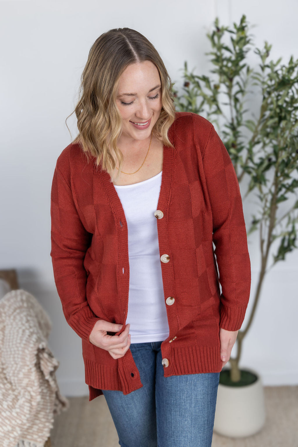 PREBOOK Chelsea Checkered Cardigan - Brick