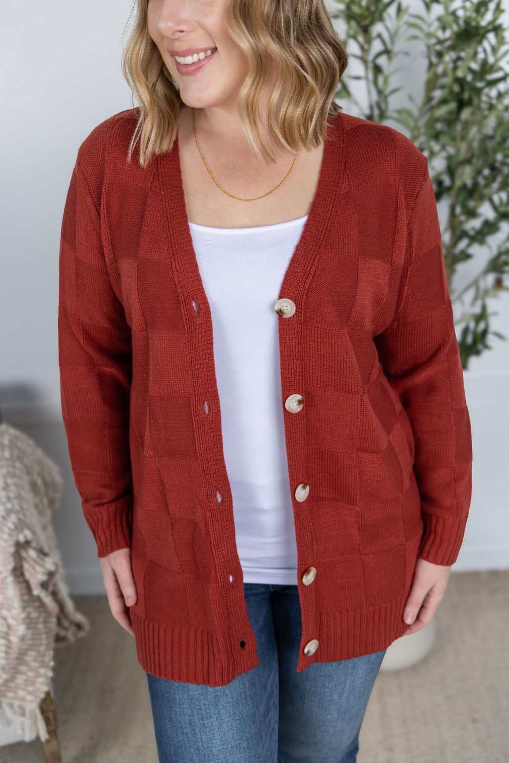 PREBOOK Chelsea Checkered Cardigan - Brick