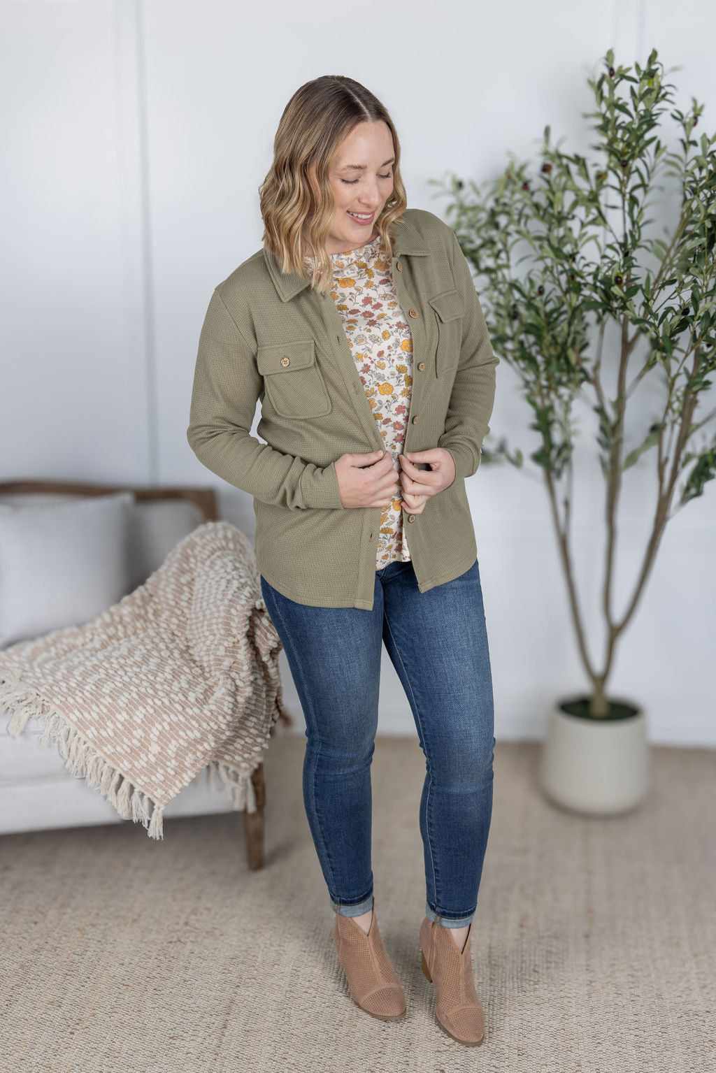 PREBOOK Thermal Knit Button Top - Light Olive