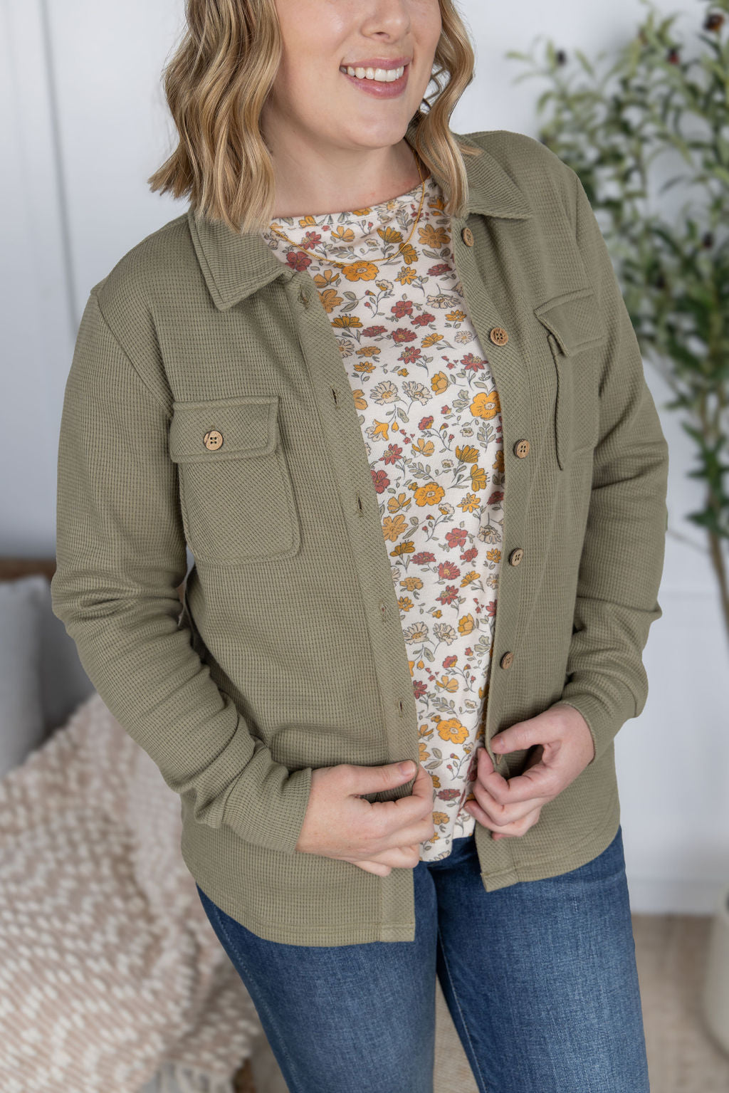PREBOOK Thermal Knit Button Top - Light Olive
