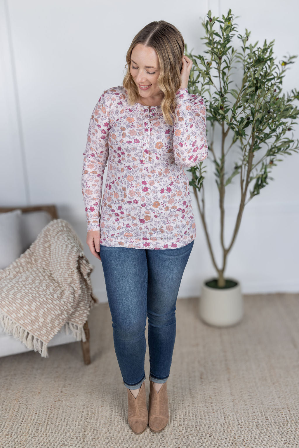 PREBOOK Button Snap Henley Top - Pink Fall Vintage Floral
