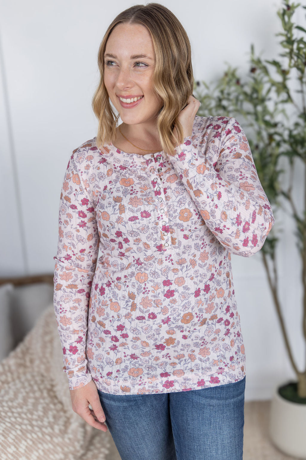 PREBOOK Button Snap Henley Top - Pink Fall Vintage Floral