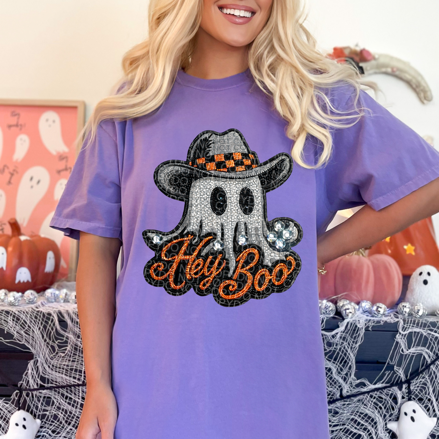 Hey Boo Faux Ghost Patch Comfort Colors Tee