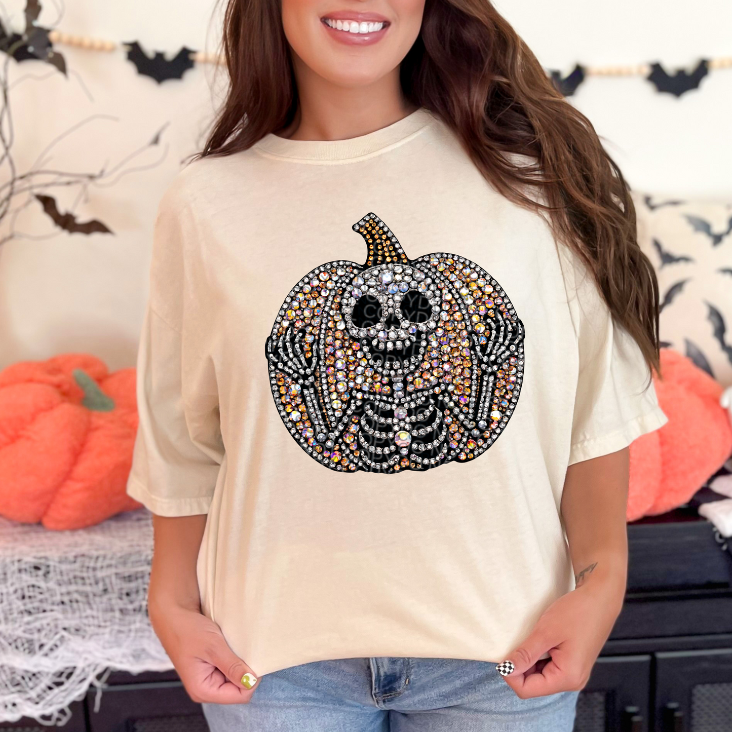 Faux Rhinestone Skeleton Pumpkin Patch Comfort Colors Tee
