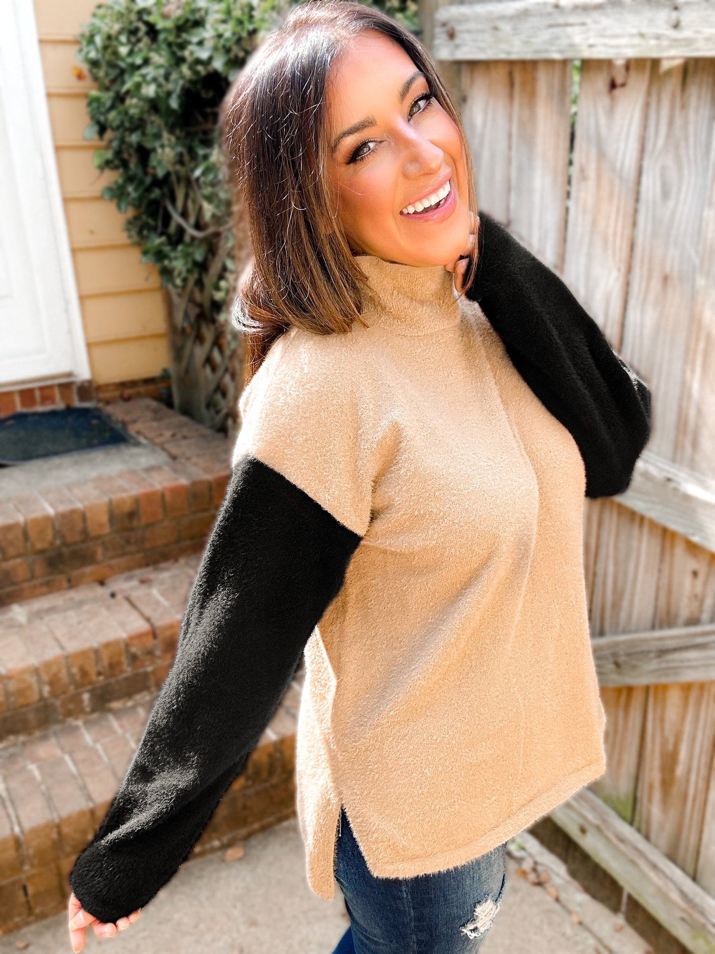 Collette Colorblock Fuzzy Mockneck Sweater - Girl Code Couture