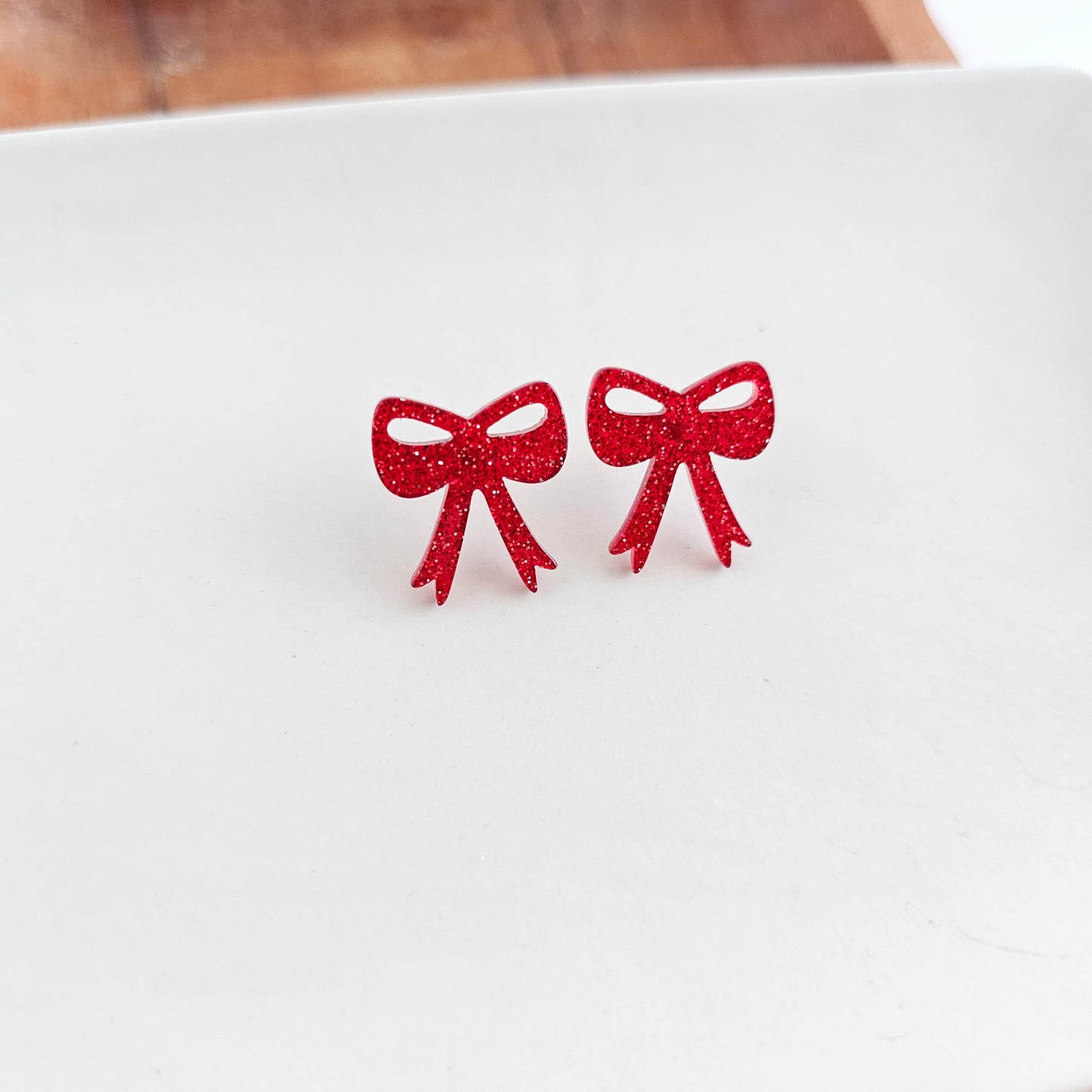 Bow Studs - Red Glitter