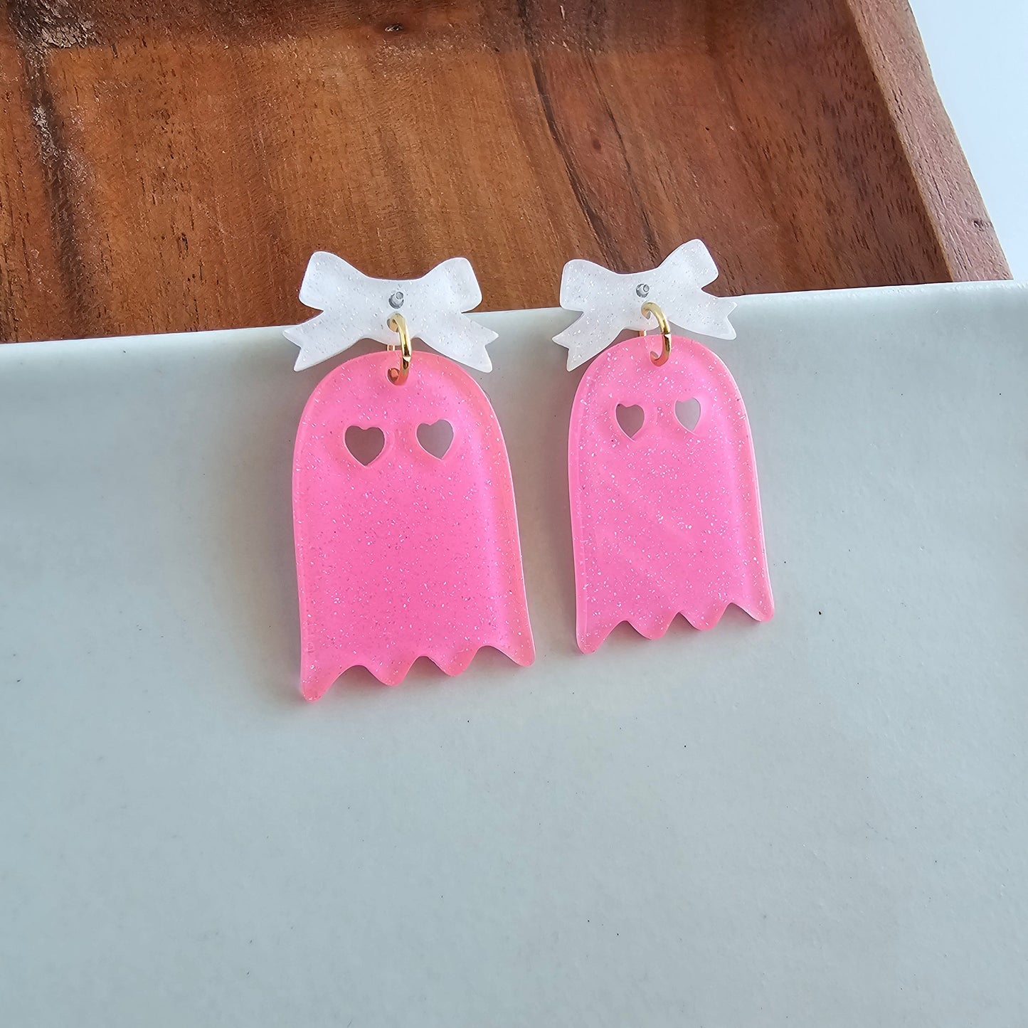 Bow Ghost Earrings - Pink Glitter