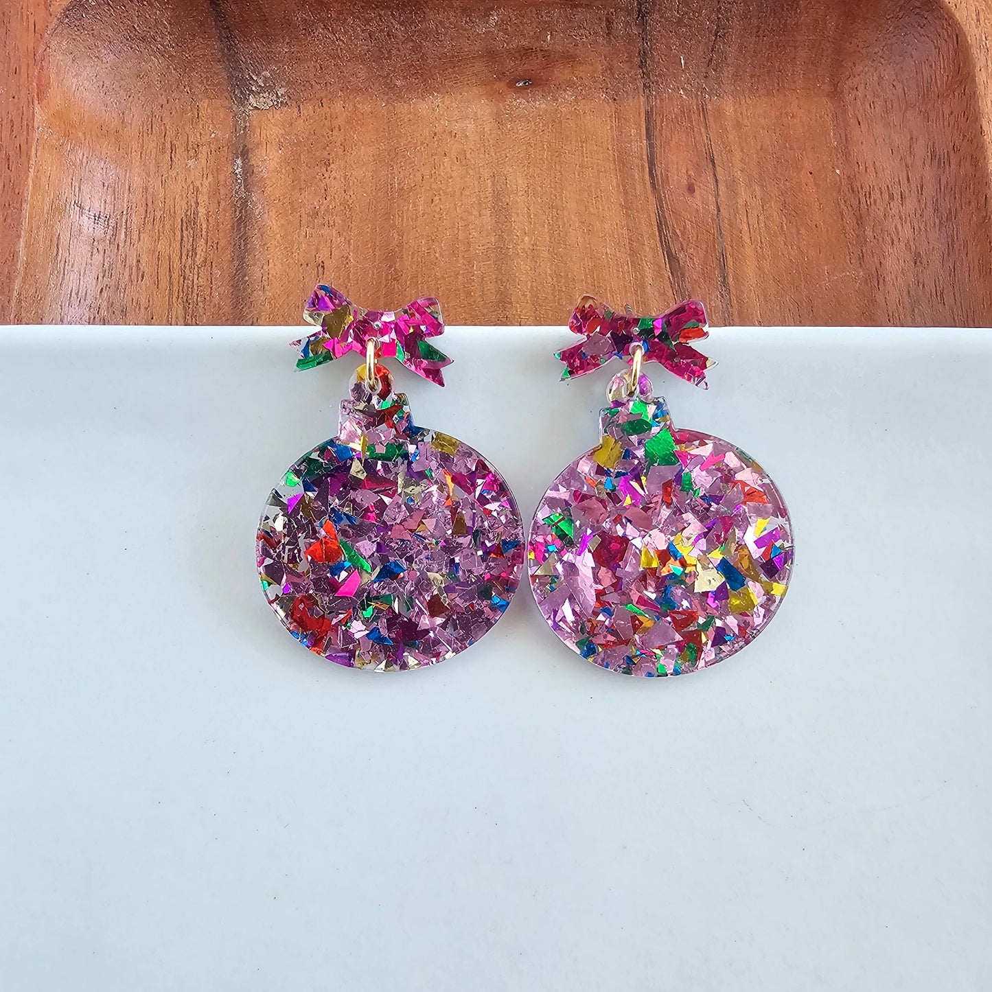 Christmas Ornament Earrings - Light Pink Sparkle