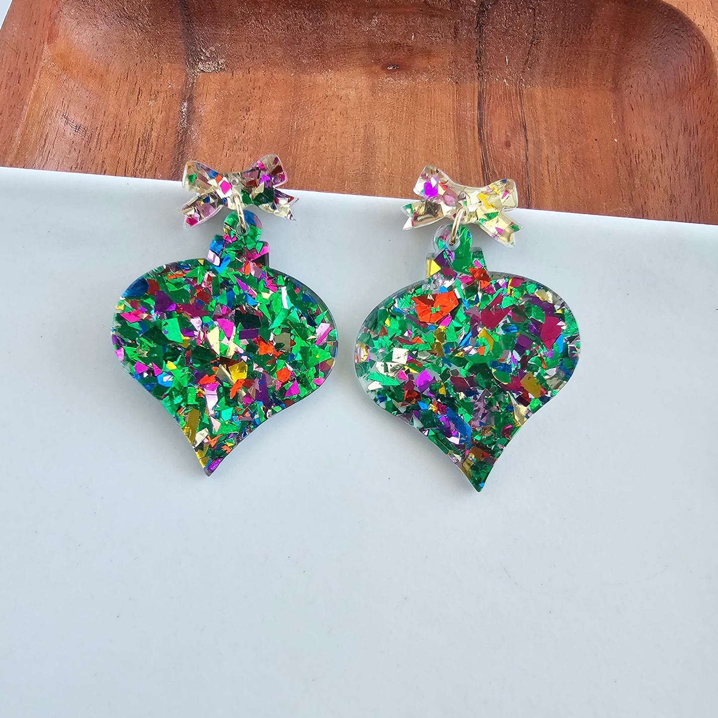 Christmas Ornament Earrings - Green Sparkle