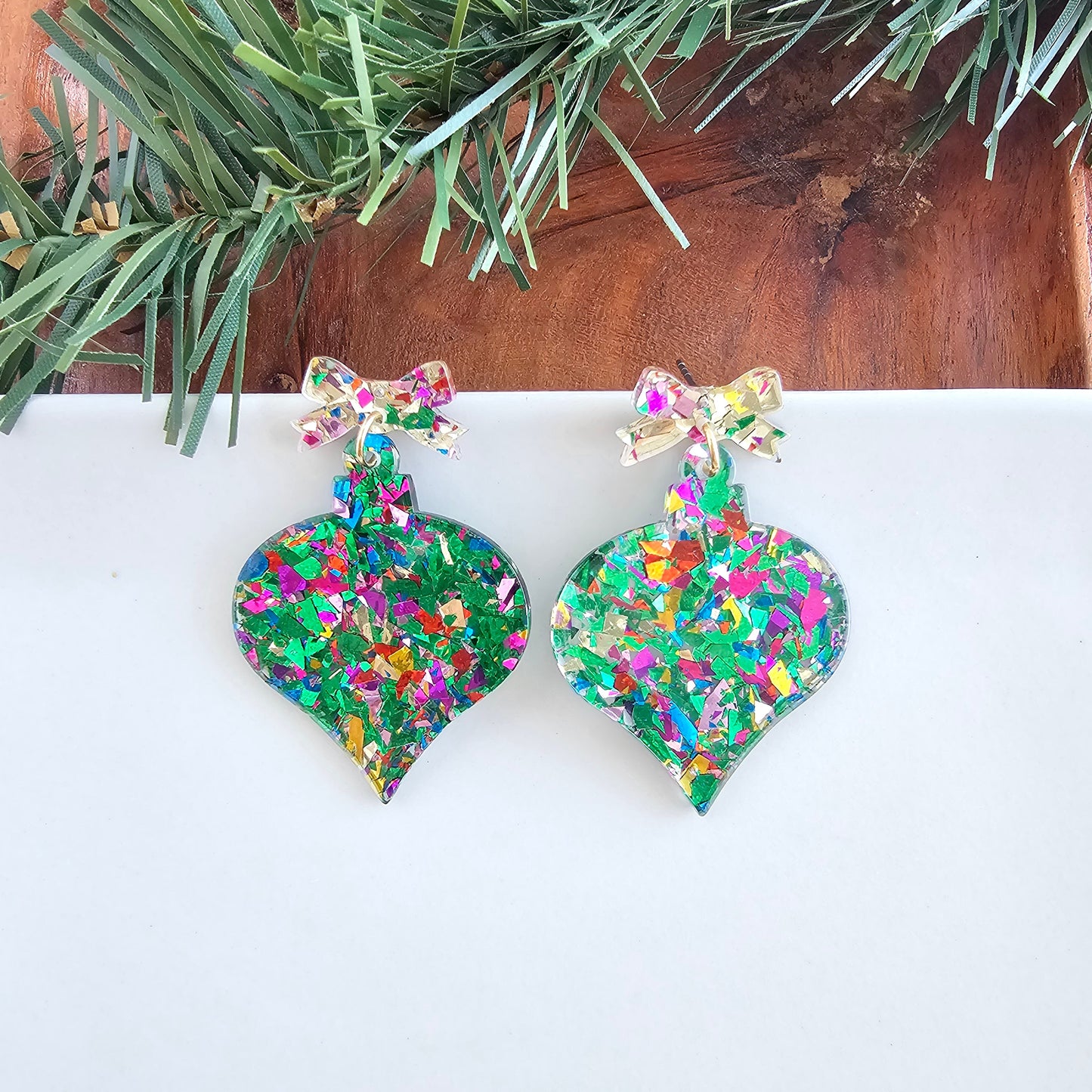 Christmas Ornament Earrings - Green Sparkle