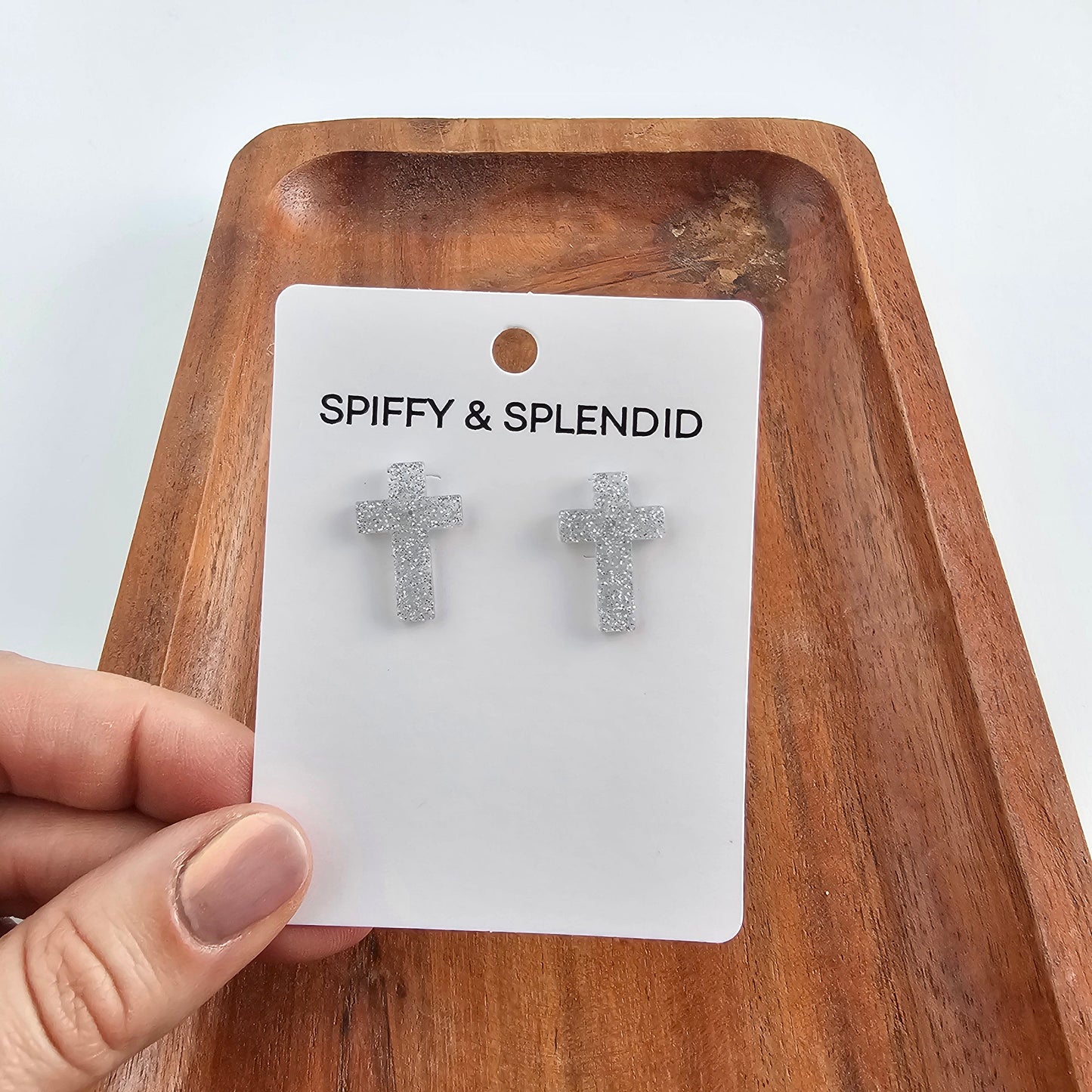 Cross Studs - Silver Glitter