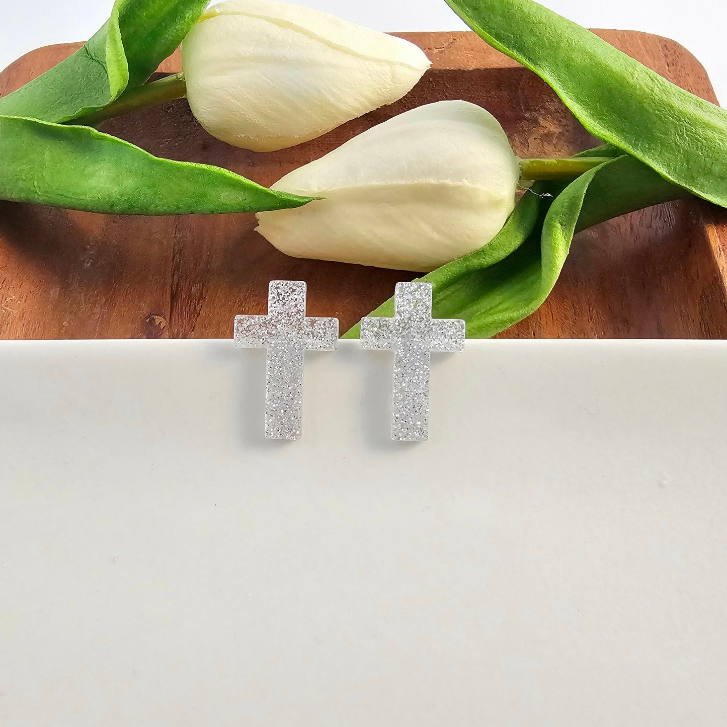 Cross Studs - Silver Glitter