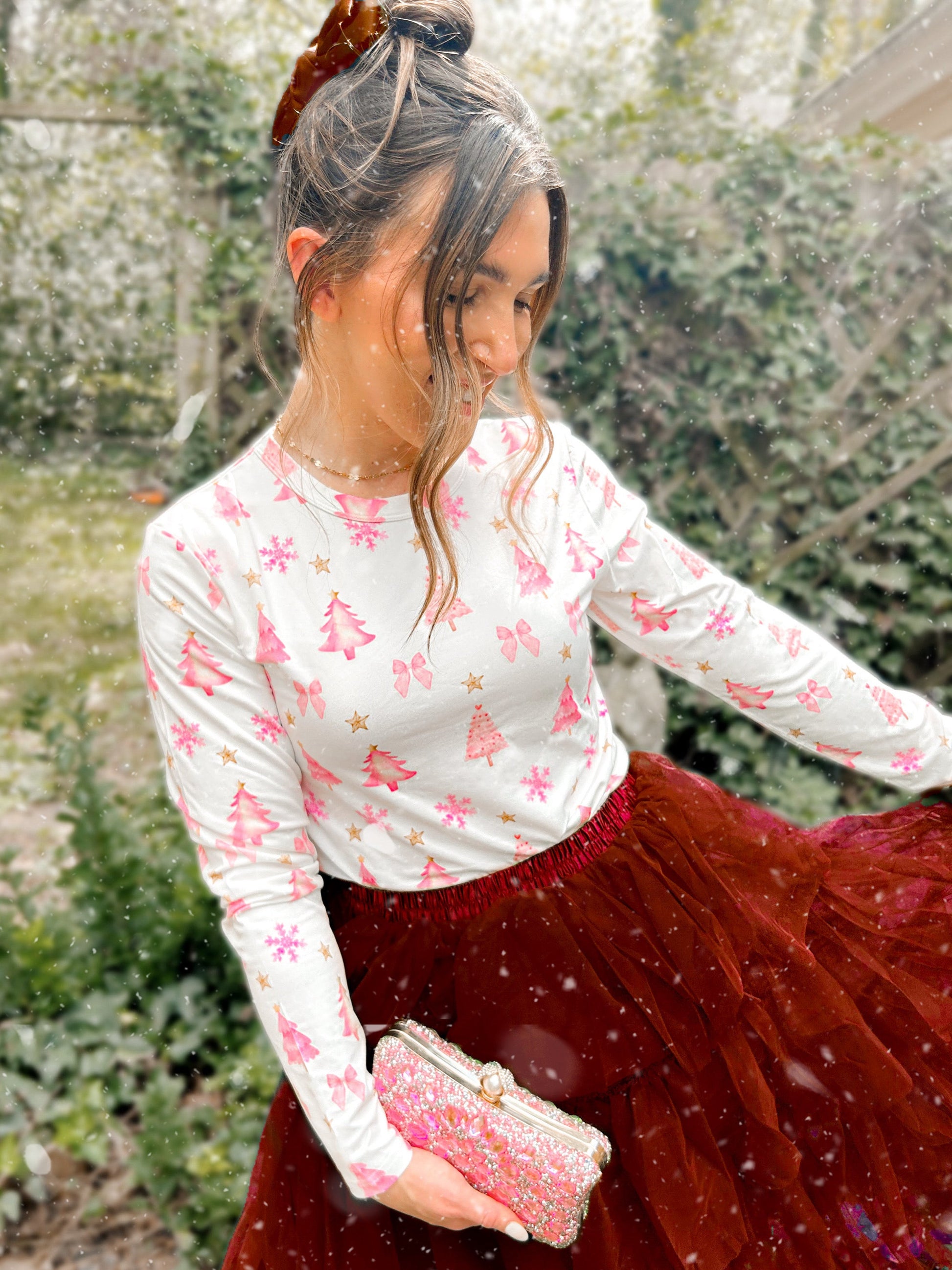 Coquette Christmas Printed Long Sleeve Top - Girl Code Couture