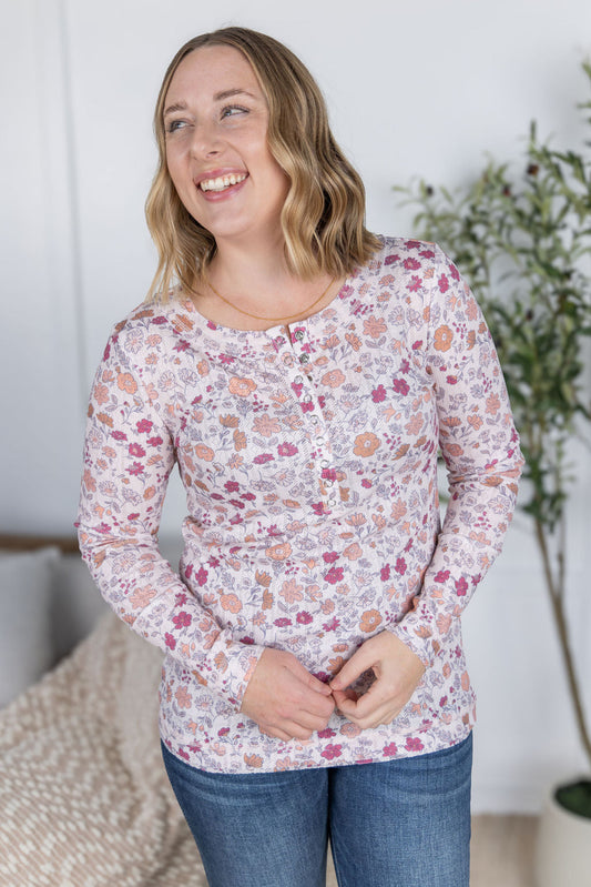 PREBOOK Button Snap Henley Top - Pink Fall Vintage Floral