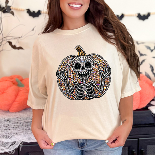 Faux Rhinestone Skeleton Pumpkin Patch  Comfort Colors Tee