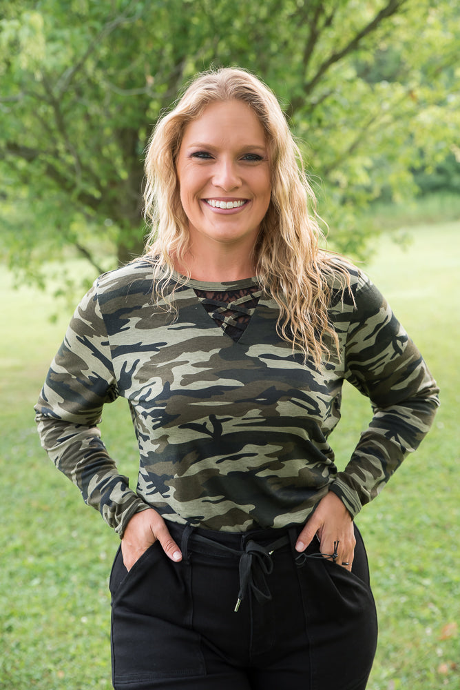 Classy in Camo Lace Top