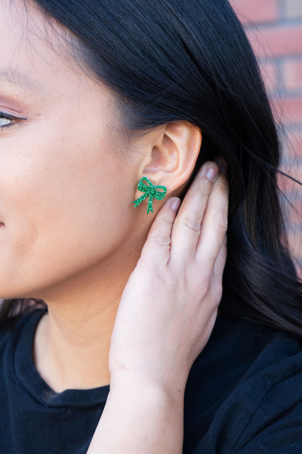 Bow Studs - Green Glitter