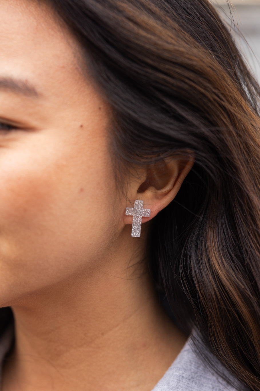 Cross Studs - Silver Glitter