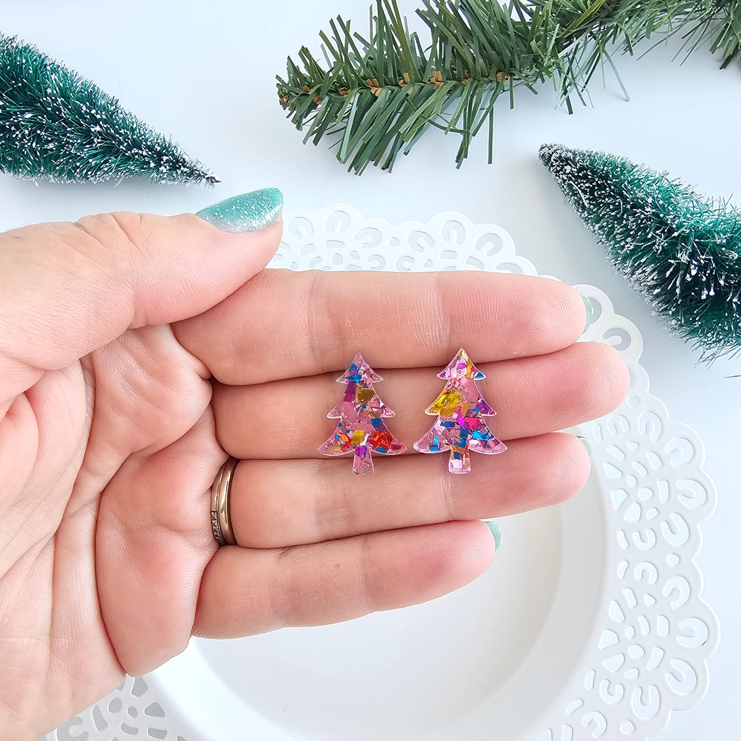 Christmas Tree Studs - Light Pink Sparkle