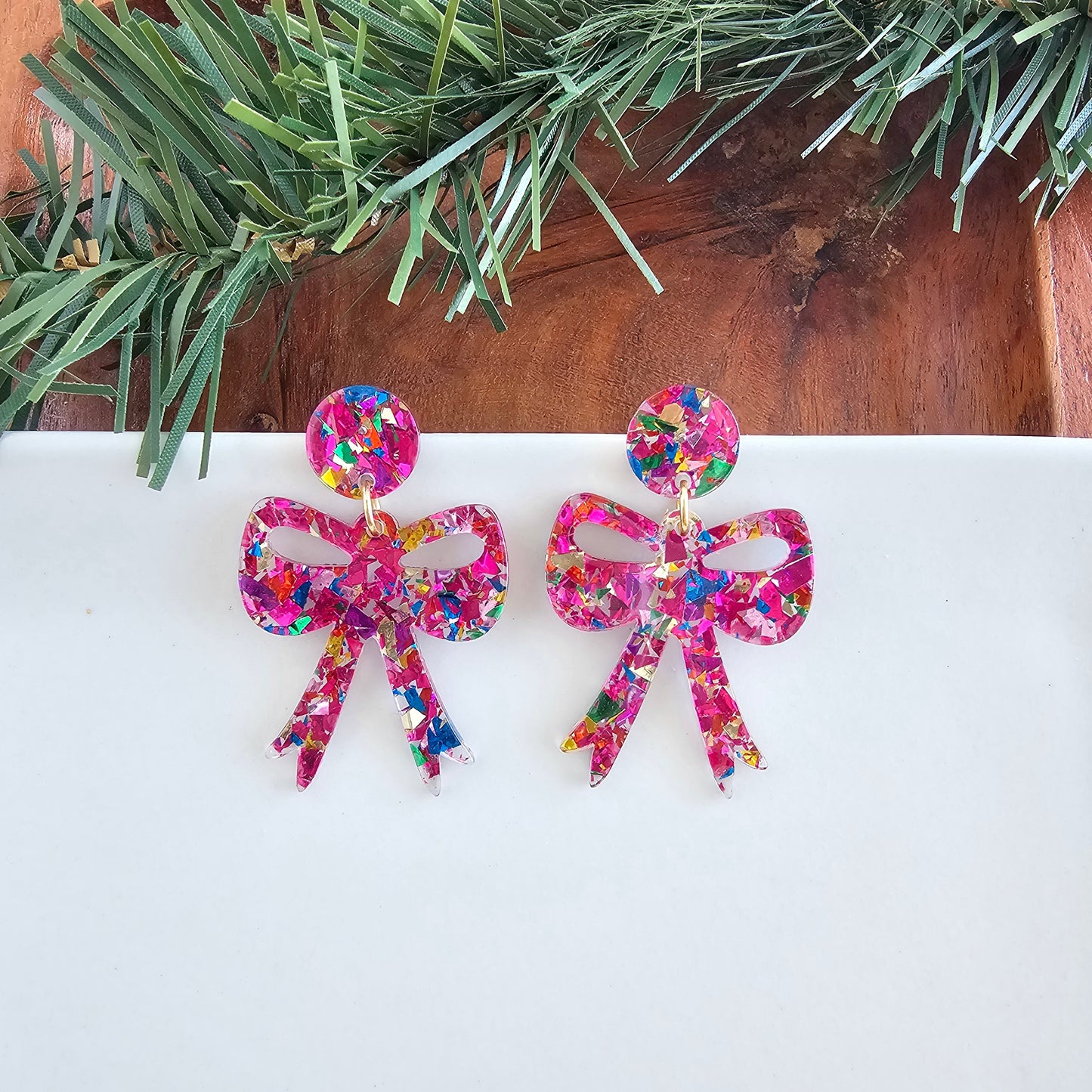 Bow Earrings - Pink Sparkle